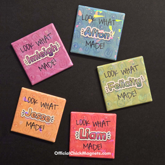 5 "Look What I Made Magnets" on a black background